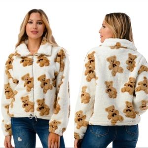 Kyoyo Teddy Bear Print Brown and White Jacket Size M - 100% Polyester